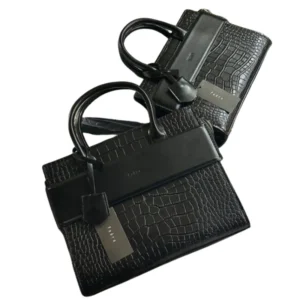 Women's Elegant Black Crocodile-Embossed Tote Bag | Structured Top Handle Purse with Strap