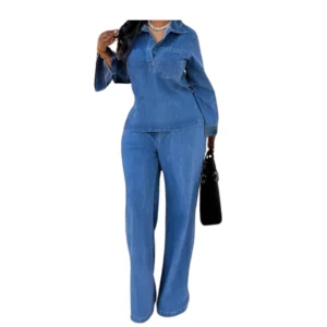 Women's Chic Denim Two-Piece Set - Button-Down Shirt & Wide-Leg Jeans