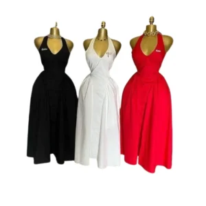 Women's Elegant Red Halter Neck Midi Dress - Pleated A-Line Design