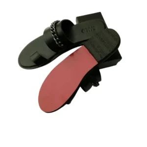 SAM O Black Leather Toe-Ring Slides with Silver Chain & Red Sole | Men's Home-Made Designer Sandals