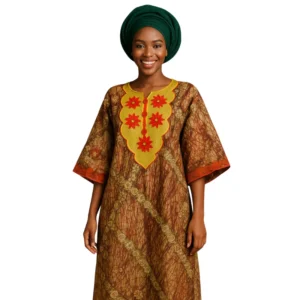 Elegant African Adire Print Dashiki Dress with Embroidered Neckline
