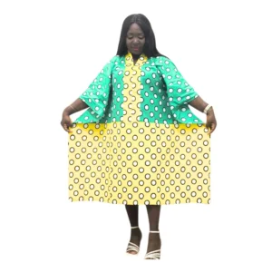 Chic Polka Dot Kaftan Dress - Green & Yellow Contrast with White Dots