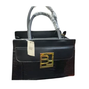Elegant Black Structured Tote Bag with Gold 'B' Logo | Top Handle Handbag