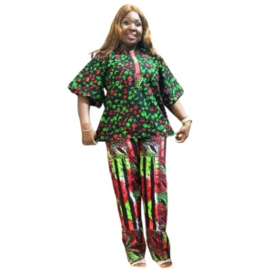 Bold African Print Two-Piece Set - Green & Red Kimono Top with Striped Pants
