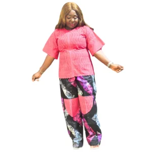 Chic Pink Lace Top & Abstract Print Harem Pants Set - 2 Piece set