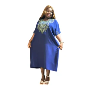 Elegant Navy Blue Embellished Midi Kaftan Dress - Versatile & Comfortable