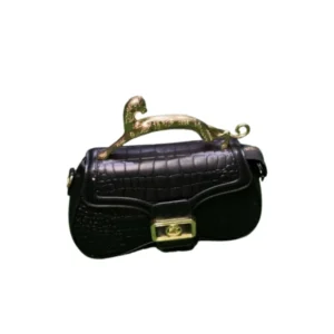 Luxurious Black Croc-Embossed Handbag with Gold Leopard Handle | Unique Statement Bag