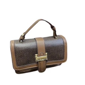 Vintage Style Brown Monogram Top Handle Bag | Elegant Flap Closure Handbag
