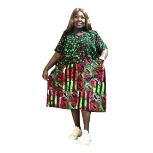 Bold Multi-Patterned Midi Kaftan Dress - Green, Red & Black Abstract Print