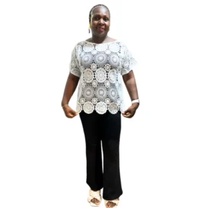 Elegant White Crochet Lace Blouse - Short Sleeve & Breathable