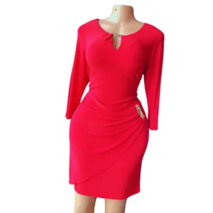 Women's Elegant Red Long-Sleeve Keyhole Midi Dress with Ruched Detail | Sophisticated Formal Dress