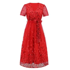Elegant Red Sequin Embroidered Mesh Midi Dress with Belt | V-Neck Party Dress