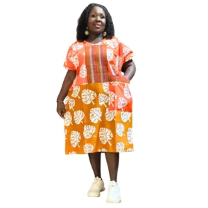 Vibrant Orange Leaf Print Midi Kaftan Dress - Casual & Comfortable