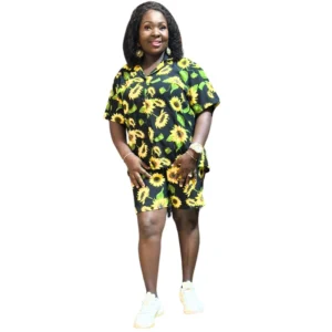 Chic Sunflower Print Two-Piece Set - Button-Up Top & Shorts
