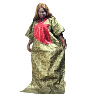 Elegant Green & Red Embellished Maxi Kaftan Dress - Luxurious Gold Accents
