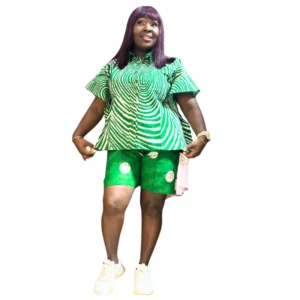 Vibrant Green & White Swirl Print Two-Piece Set - Peplum Top & Shorts