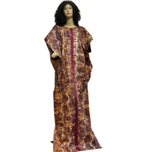 Artistic Brown & Orange Batik Kaftan Dress - Central Stripe Accent