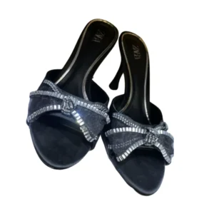 Elegant Zara Black Satin Rhinestone Bow Mules | Chic Kitten Heel Slip-Ons