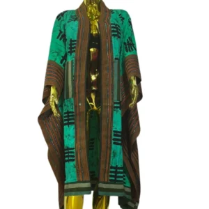 Artistic Kimono Adire Maxi Kaftan Dress - Blue & Brown Geometric Circles with Blue Velvet Accent