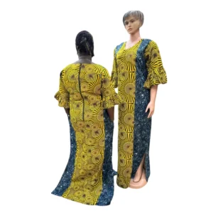 African Print Maxi Dress with Ruffle Sleeves - Yellow & Blue Ankara Kaftan