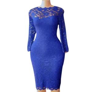Elegant Royal Blue Lace Midi Dress | Long Sleeve Scalloped Neckline Dress
