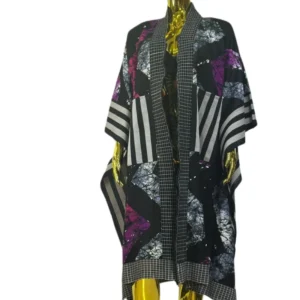 Chic Abstract Print Kimono Robe - Green & Brown with Stripe Accents