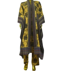 Bold Yellow & Black Abstract Print Kimono Kaftan - Stylish & Flowing
