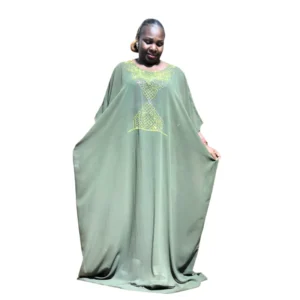 Elegant Olive Green Kaftan Dress with Embroidered Neckline - Loose Fit