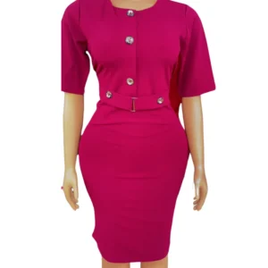 Elegant Fuchsia Pink Pencil Dress with Embellished Buttons & Belt | Women's Formal & Office Wear