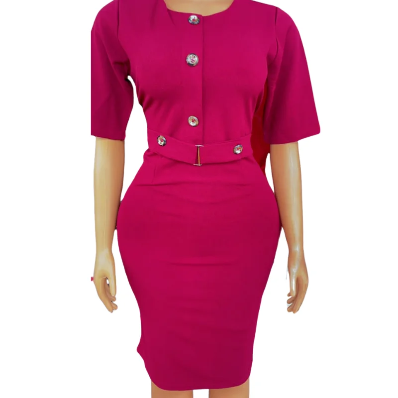 Elegant Fuchsia Pink Pencil Dress with Embellished Buttons & Belt | Women's Formal & Office Wear