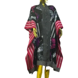Kimono Modern Abstract Print Kaftan Robe - Black & Pink with Checkerboard Detail