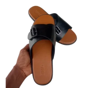 SAM O Classic Black Leather Buckle Slides with Tan Footbed