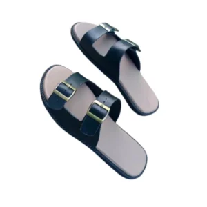 SAM O Stylish Black Leather Double Buckle Slides with Tan Footbed