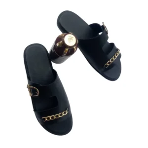 SAM O Luxurious Black Leather Double-Strap Sandals with Gold Chain & Buckle