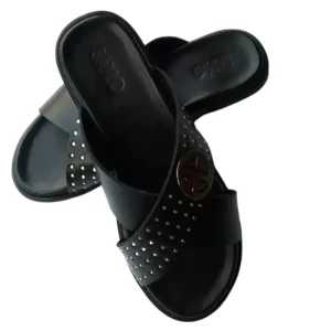 SAM O Stylish Black Studded Leather Cross-Strap Sandals