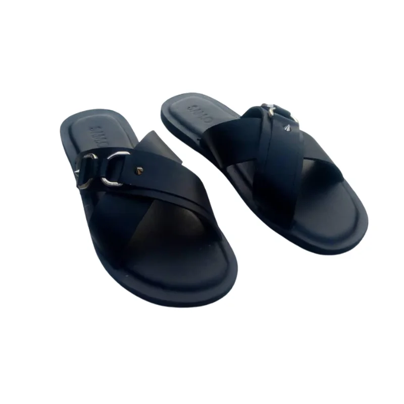 SAM O Premium Black Leather Cross-Strap Sandals with Buckle Detail