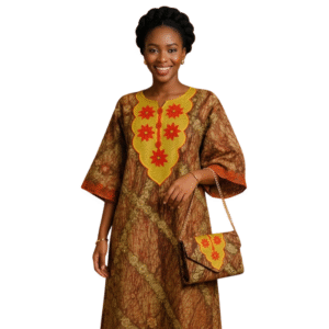 Elegant African Adire Print Dashiki Dress with Embroidered Neckline