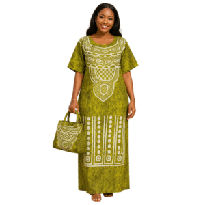 Elegant Green & White African Print Kaftan Dress