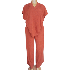 Comfortable Terracotta Ribbed V-Neck Top & Pants Set