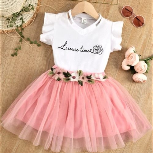 Image For Toddler Girls Floral & Letter Graphic Flutter Sleeve Tee & Applique Mesh Skirt